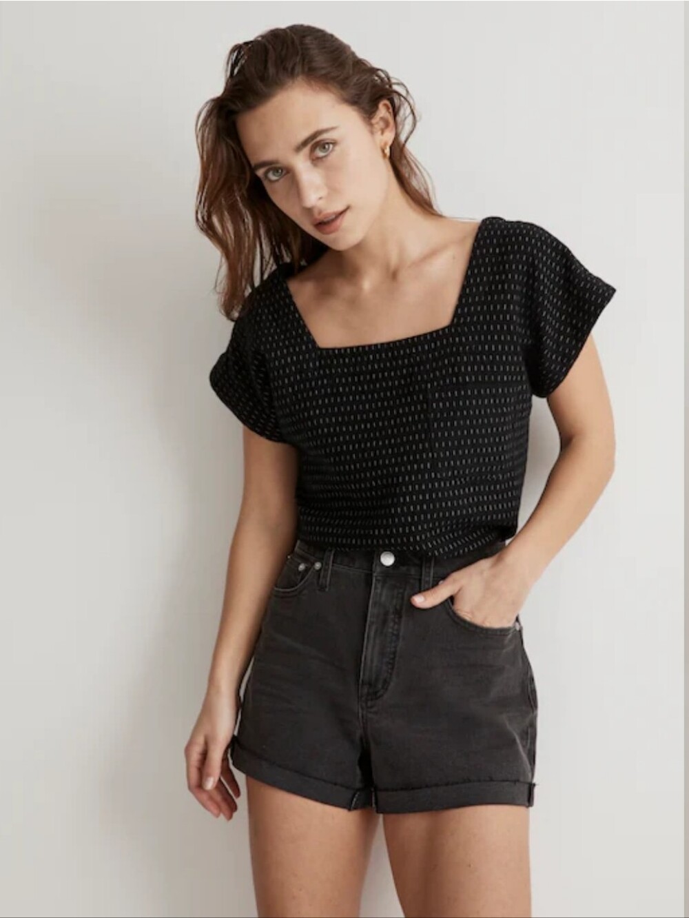 Madewell Jacquard Black Square-Neck Short Sleeve Top with Micro Sand Pattern Med
